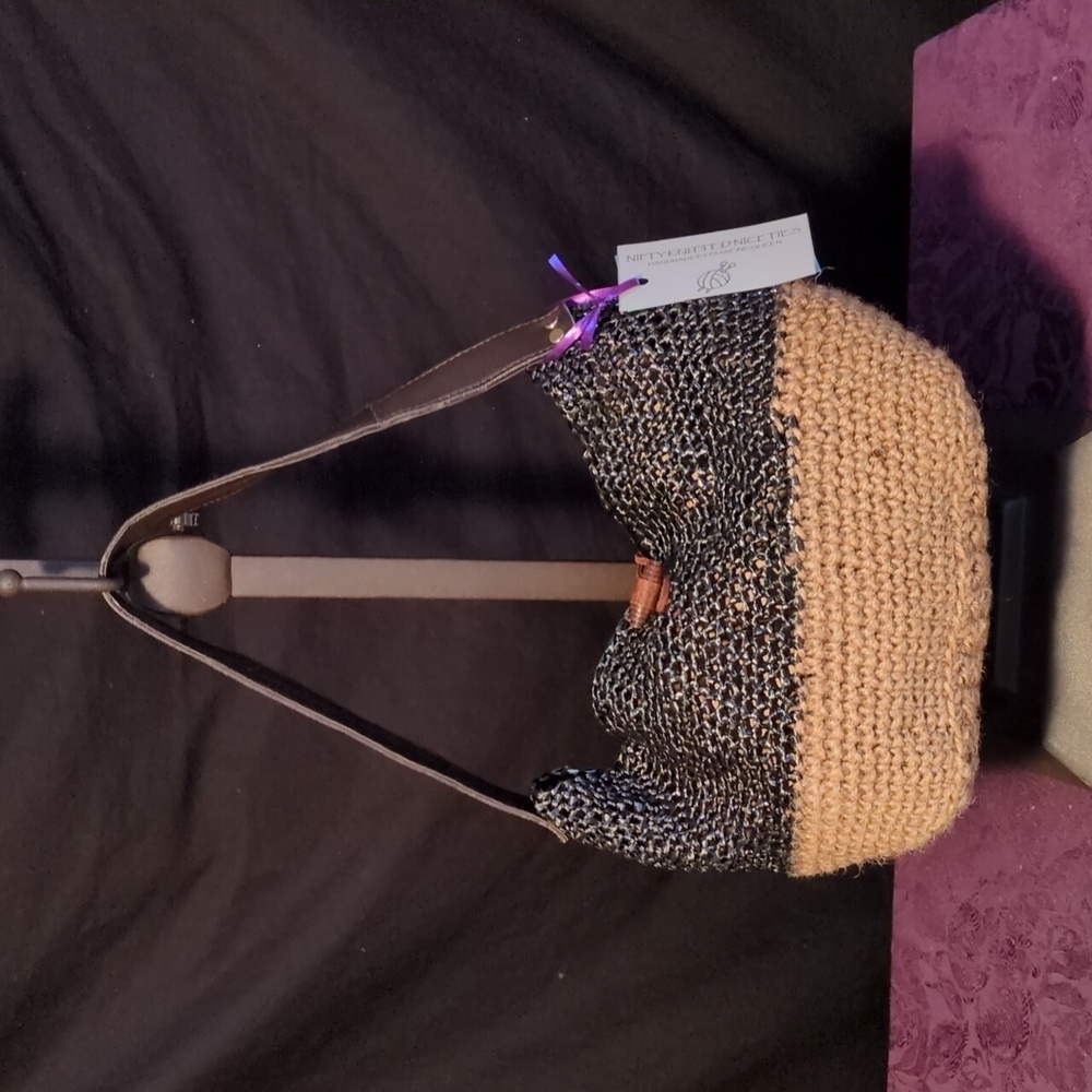 Handmade Crochet Tan Twine Black Pearlescent Curling Ribbon Leather Tote